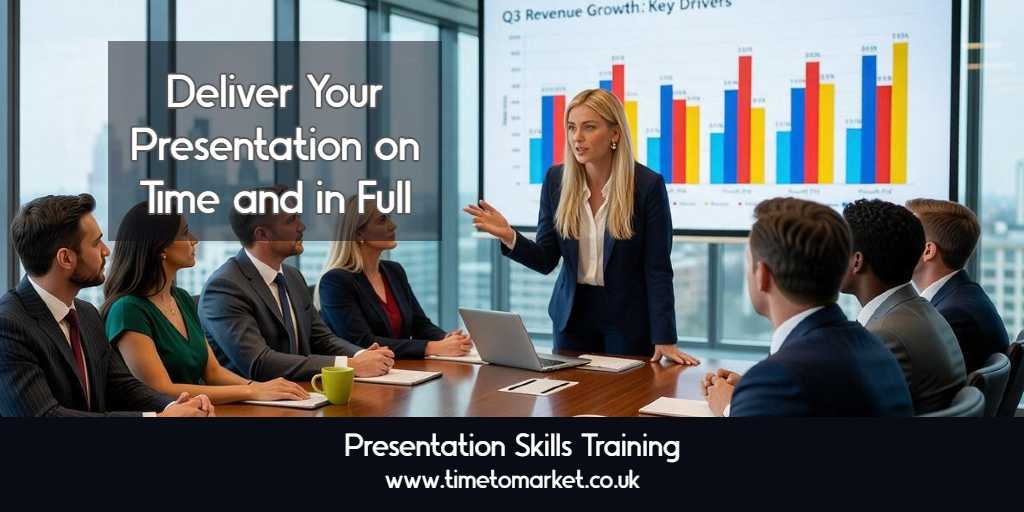 A presenter in a navy suit gestures towards a bar chart on a large screen while colleagues seated around a boardroom table listen. Text reads “Deliver Your Presentation on Time and in Full”.